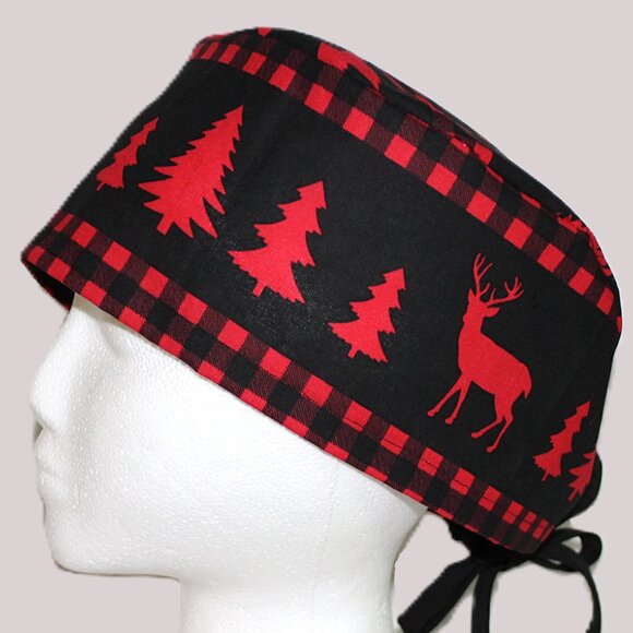 Mens Tie Back Scrub Cap Antlers & Evergreens - Handmade - Picture 4 of 9